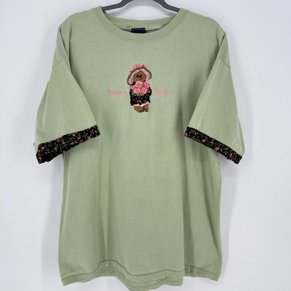 VTG Rosey‎ Bear Embroidered T Shirt Womens XL Green Short Sleeve Posy Bear Top - Picture 2 of 12